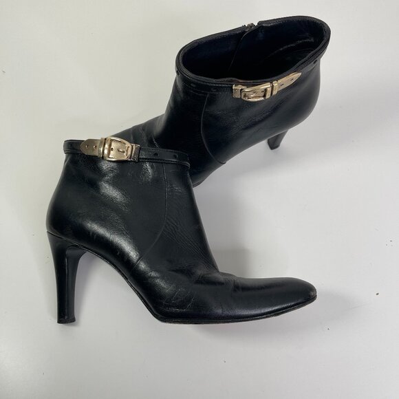 Gucci Women's Black Leather Pointed Toe Side Zip Buckle Ankle Boots US Size 9B - Picture 1 of 11